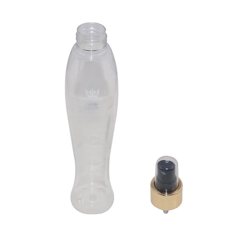 Transparent waist shape PET plastic lotion bottle with silk screen and alumina sprayer pump+CPPET0RQT022024017500090YM