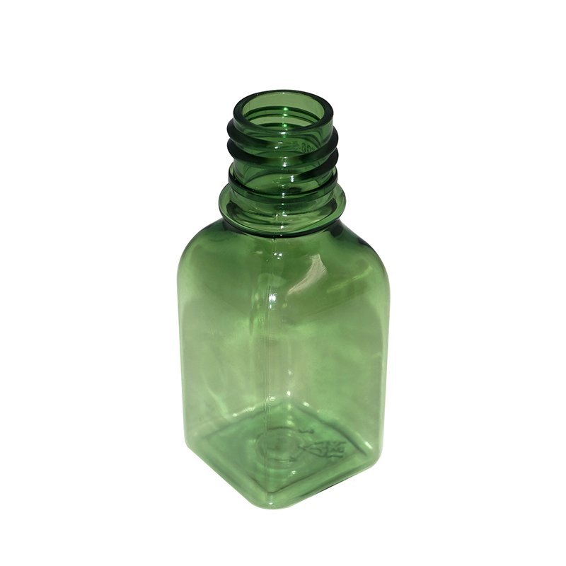 Small square PET plastic bottle in semi green color with screw cap +CPPET0RBT007018003300102YM