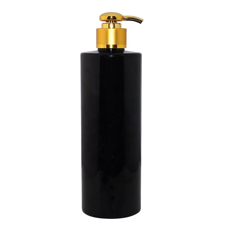 Customization 500ml new luxury design black color cylinder shape plastic PET shampoo bottle with lotion pump for personal care