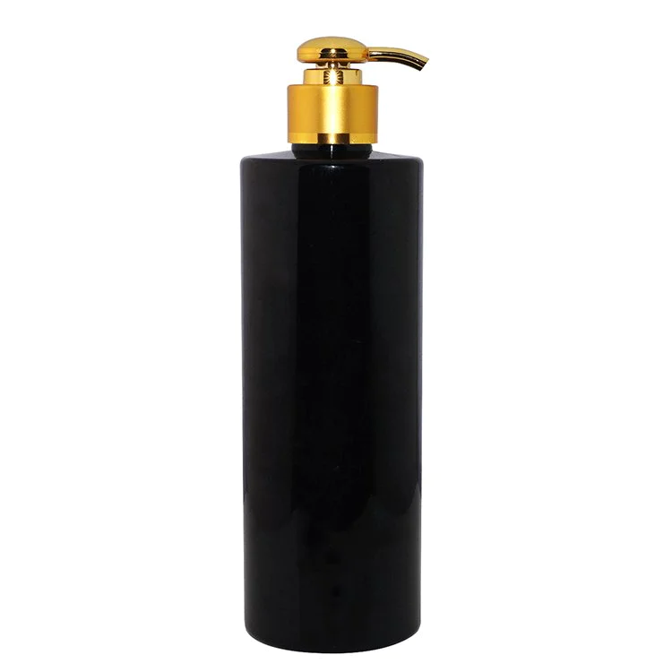Customization 500ml new luxury design black color cylinder shape plastic PET shampoo bottle with lotion pump for personal care