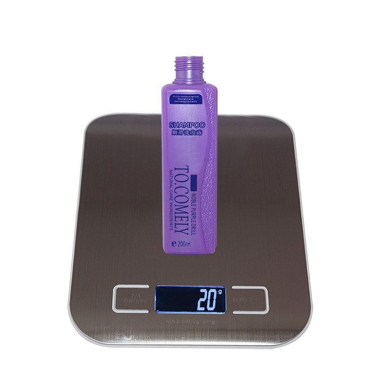New design wholesale 200ml square shape purple color cosmetic PE plastic shampoo bottle with lotion pump