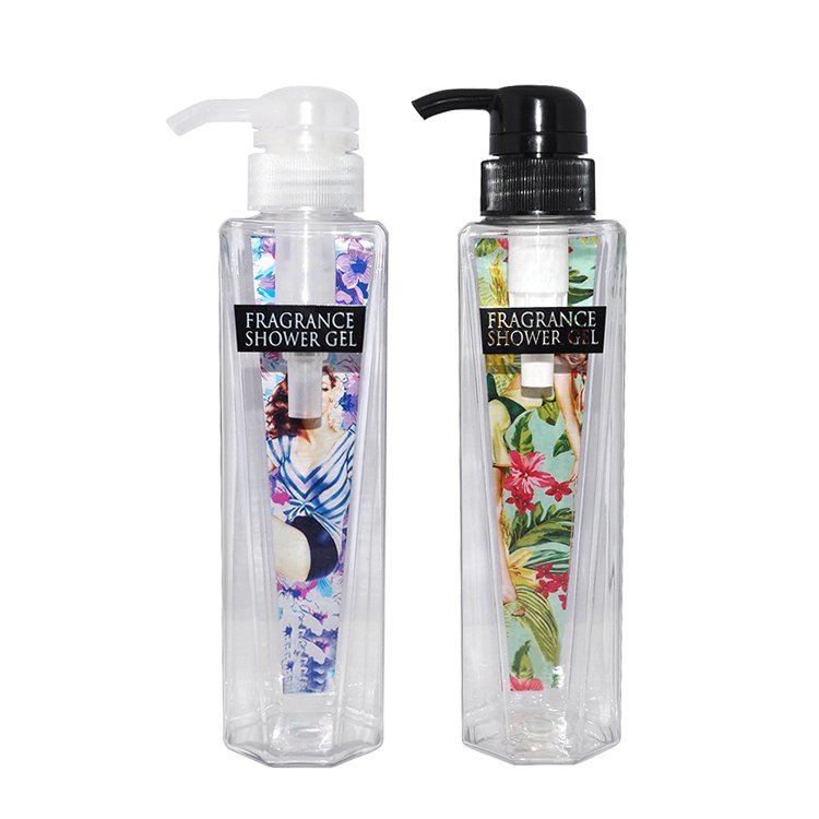 Factory wholesale 350ml transparent cosmetic PET plastic shower gel bottle with lotion pump