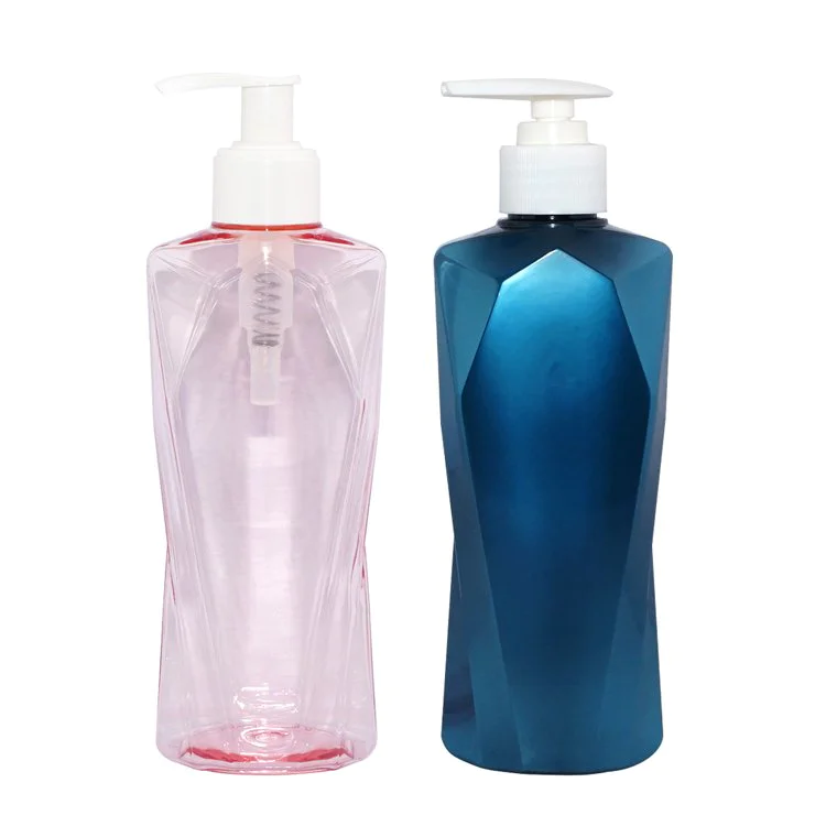 Factory wholesale empty 300ml blue PET plastic cosmetic shampoo bottle with lotion pump