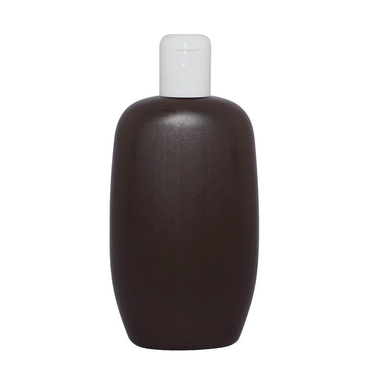 Classical design 300ml coffee color flat shape PE plastic cosmetic liquid lotion baby shampoo bottle with flip top cap