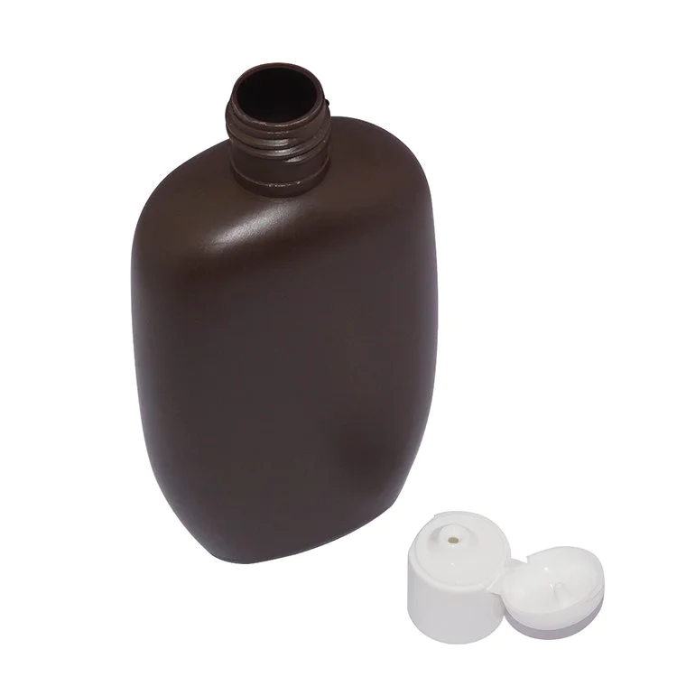 Classical design 300ml coffee color flat shape PE plastic cosmetic liquid lotion baby shampoo bottle with flip top cap
