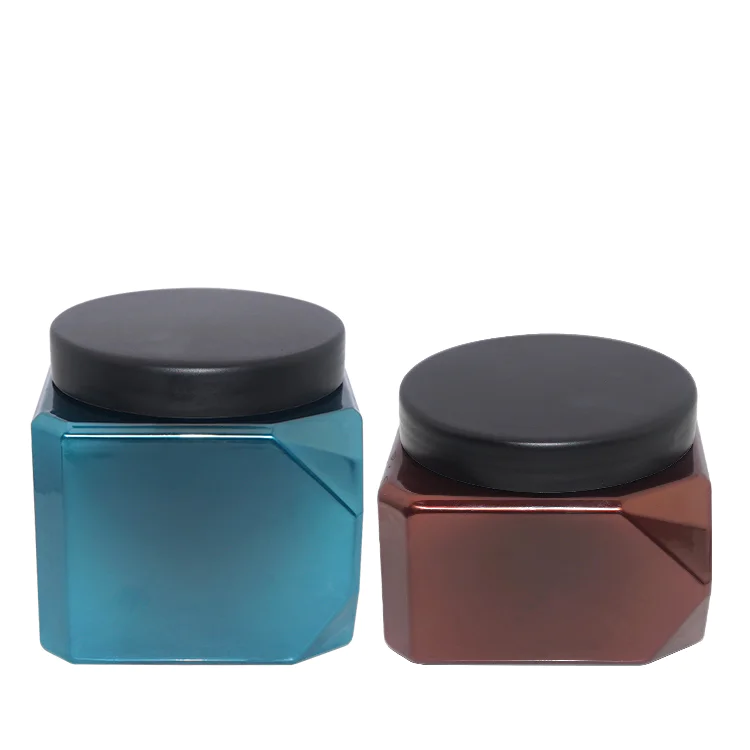 New design empty 550ml 700ml blue coffee square PET hair care packaging jar cosmetic plastic jar with screw cap