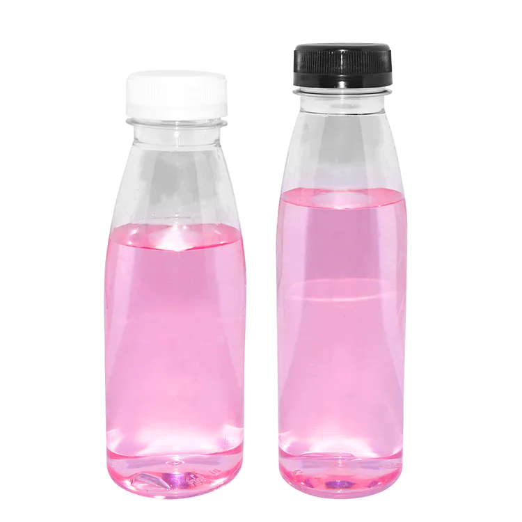 China supplier 350ml clear plastic PET juice water bottle Boston round beverage bottles with black tamper proof screw cap
