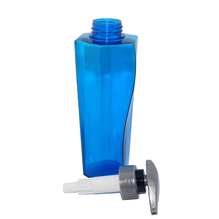 Factory price empty 350ml blue special square shape plastic PETG shampoo bottle wholesale with lotion pump
