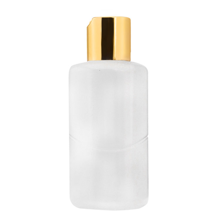 Wholesale price 100ml flat shape HDPE plastic cosmetic lotion bottle with gold aluminum covered disc cap