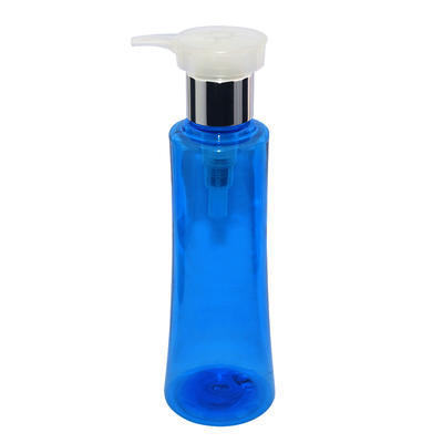 New design empty 200ml round semi-transparent blue PET plastic bottle for shampoo with lotion pump