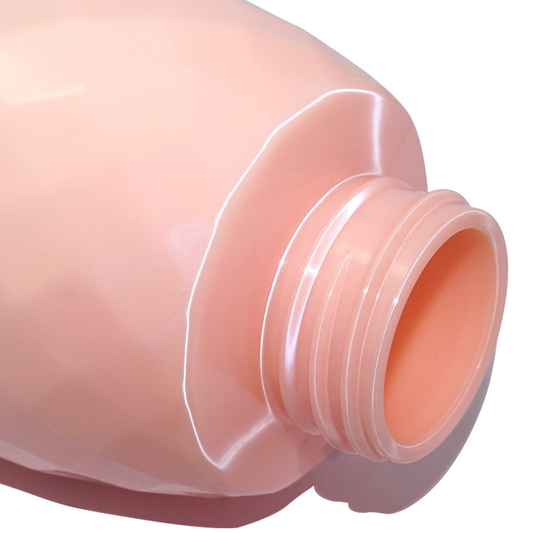 New wholesale price 450ml pink unique shape PET plastic shampoo bottle with lotion pump