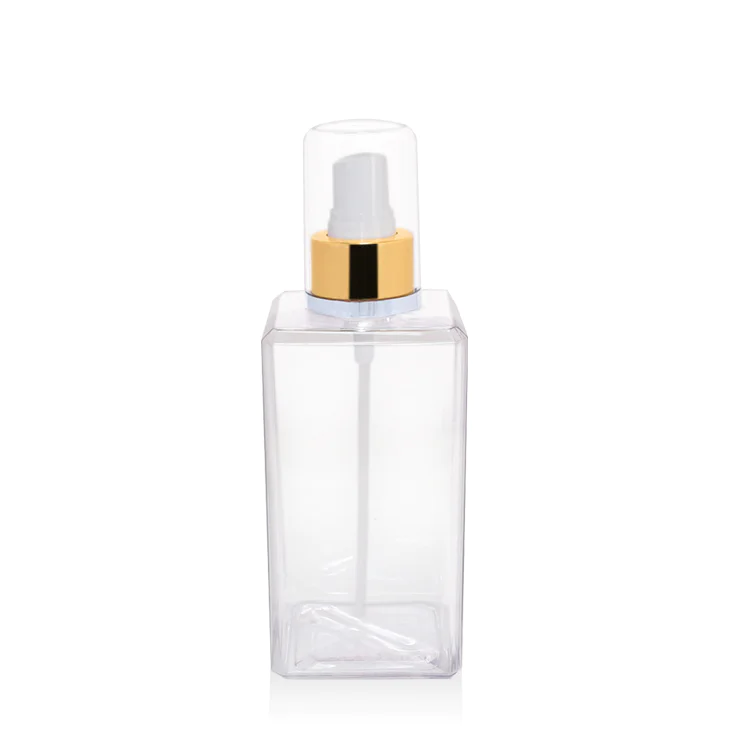Empty 250ml clear plastic lotion bottle 2019 new square PETG body lotion plastic bottle with rose gold aluminum covered lotion pump