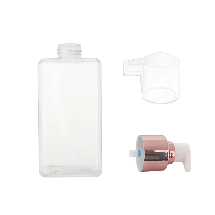 Empty 250ml clear plastic lotion bottle 2019 new square PETG body lotion plastic bottle with rose gold aluminum covered lotion pump