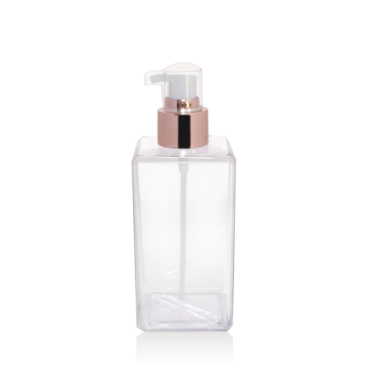 2019 New empty 250ml clear square PETG plastic body lotion bottle with rose gold aluminum covered lotion pump