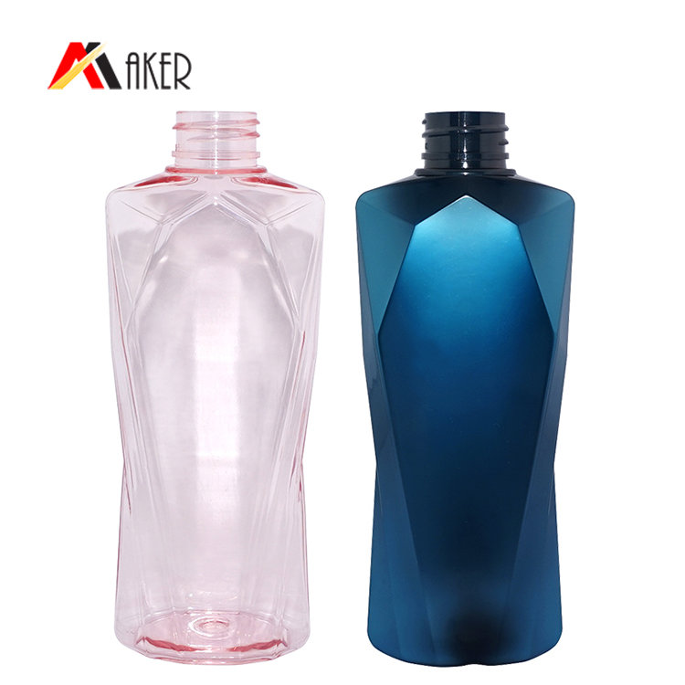 Factory wholesale PET lotion bottle empty 300ml blue flat plastic cosmetic shampoo bottle with pump