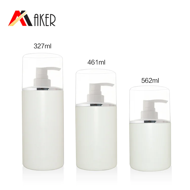 New sample white plastic body lotion bottle factory price 300ml 450ml 550ml  cylinder PE shampoo bottle with pump and cap