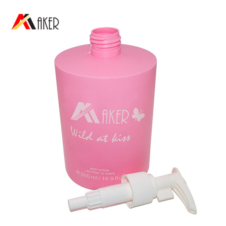 Empty cylinder plastic lotion bottle manufacturer 500ml pink PE cosmetic body lotion bottle wholesale with lotion pump