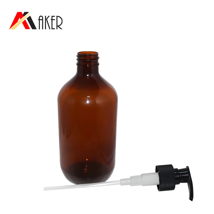 Custom boston round body lotion bottle wholesale amber pet plastic shampoo bottle 500ml with black lotion pump