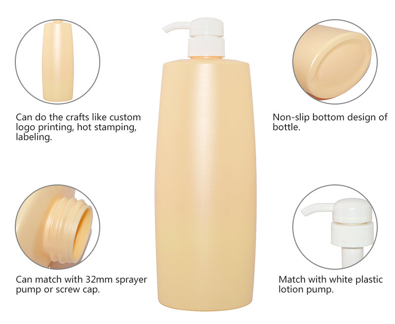 empty1000ml plastic shampoo bottle new design yellow flat shape PE plastic lotion shampoo pump bottle