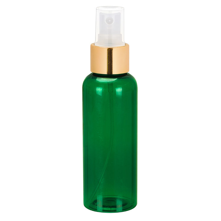 China supplier luxury semi-transparent green boston round 100ml PET skin care cosmetic plastic spray bottle with mist sprayer