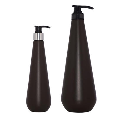 Factory price 350ml 1000ml PE plastic cosmetic bottle unique shape brown empty shampoo bottle set with lotion pump