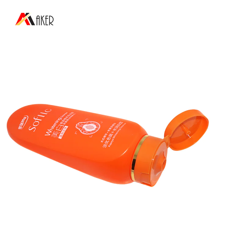 100ml flat squeeze PE  plastic bottle new design orange color cosmetic cream bottle with flip top cap