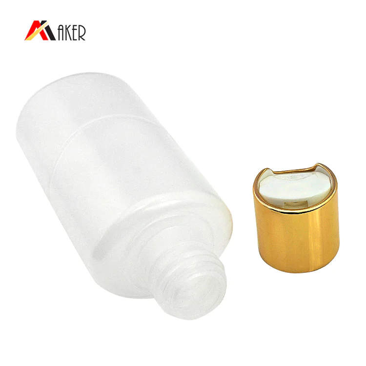 100ml cosmetic lotion bottle wholesale price flat shape PE plastic bottle with gold aluminum covered disc cap